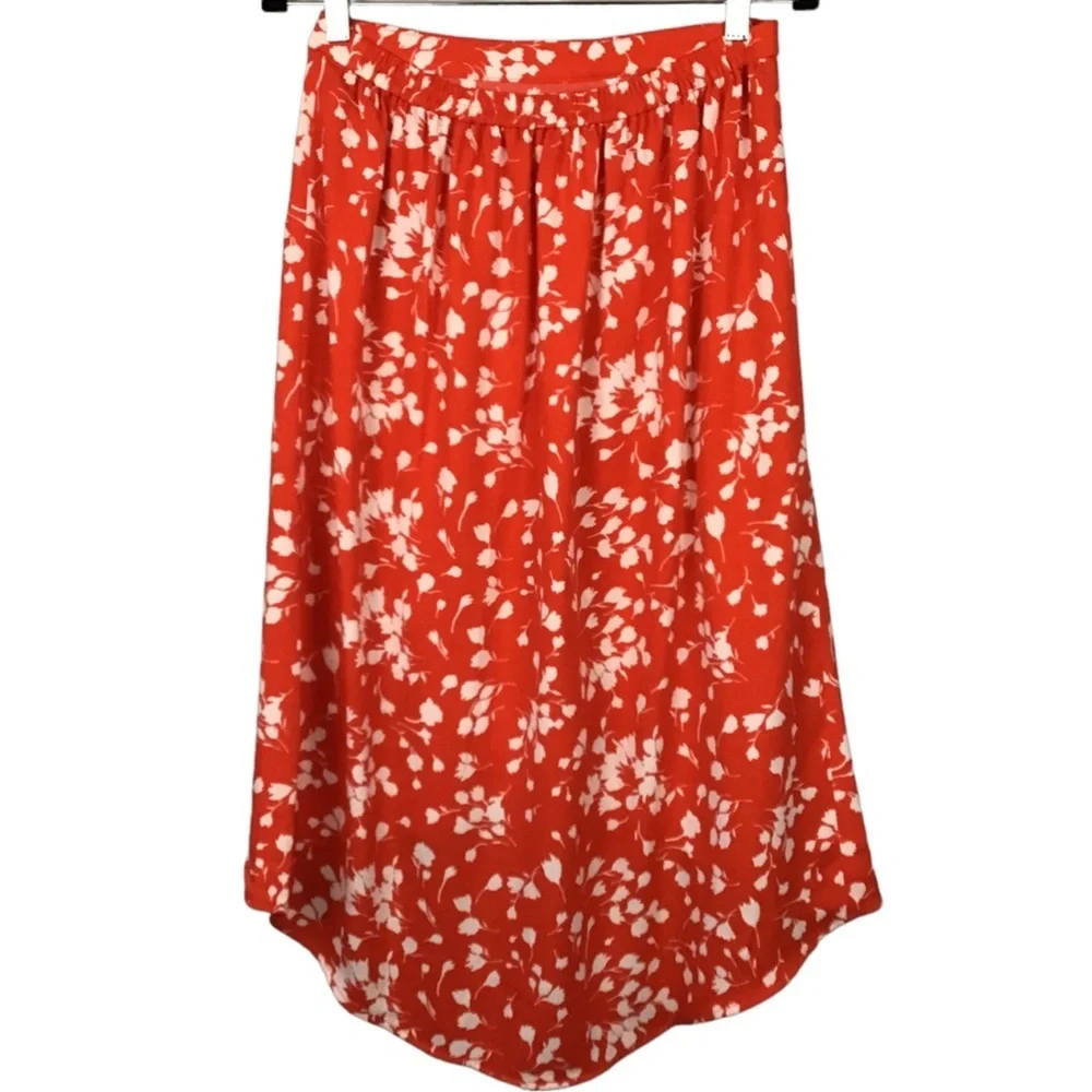 J. Crew Poppy Red Orange White Floral Faux Wrap Midi Skirt sz S
